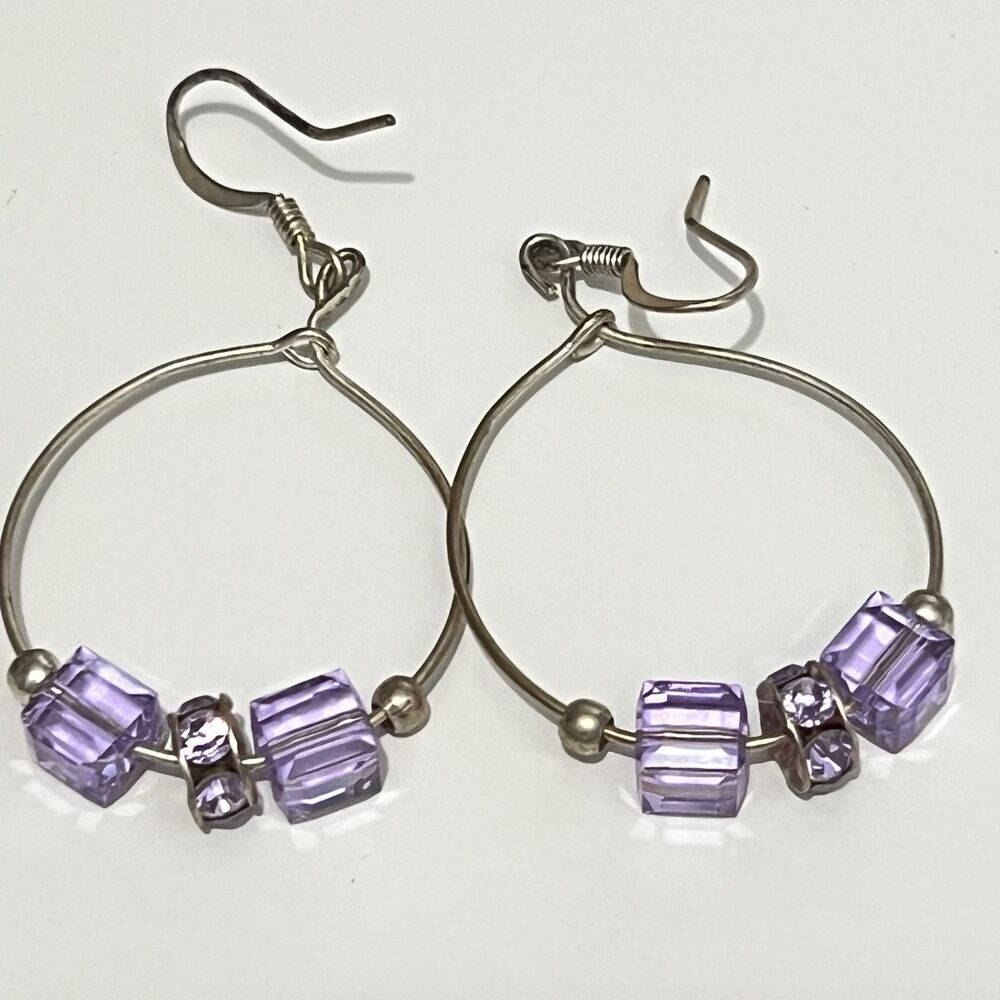 Purple‎ Geometric Tri-beaded Large Hoop Silver Hook Earrings Casual